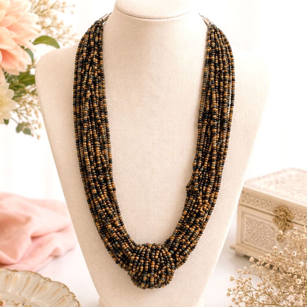 Vintage Earth Tone Seed Bead Multi Strand Necklace Large Knot Boho 24"